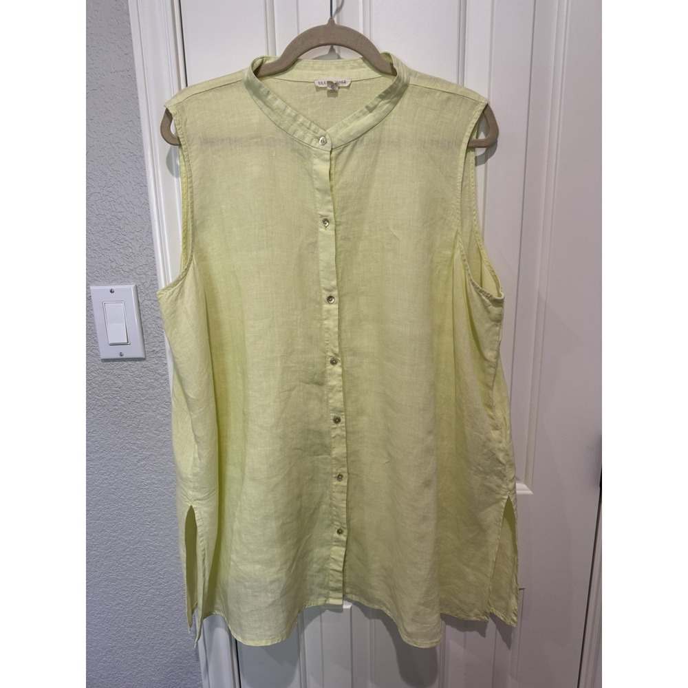 Eileen Fisher Organic Linen Swing Top Sleeveless Button Down Tunic Lime Green 2X
